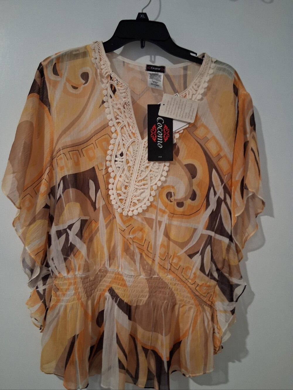 Nwts Cocmo Beige & Brown Crochet Trim Women's Top